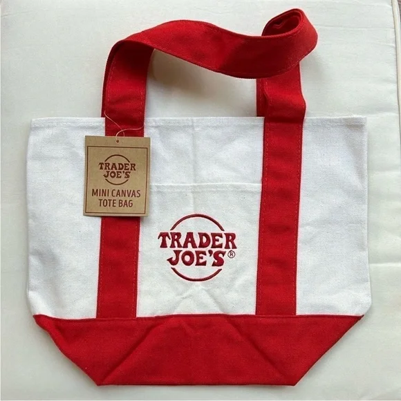NWT Trader Joe’s Mini Canvas Tote Bag - Limited Edition Red & Cream - Picture 2 of 12